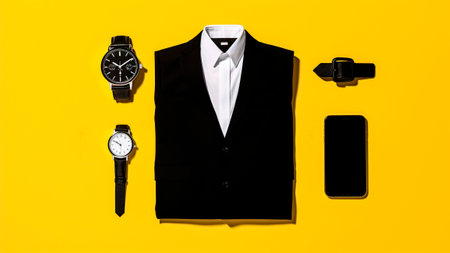Stylish men's suit and accessories on a yellow background. top viewの素材