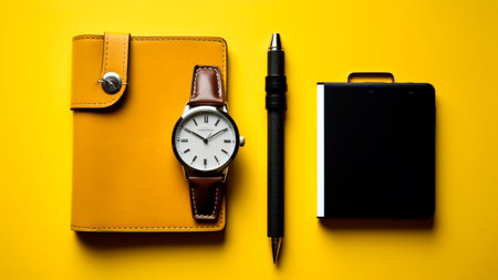 A wristwatch, pen, notepad and a leather wallet on a yellow background. flat lay.の素材