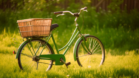 Vintage bicycle with a basket in the green field.の素材