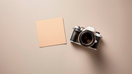 Retro camera with blank paper on beige background, top viewの素材