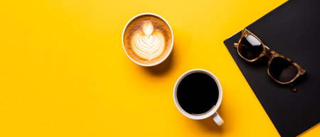 Coffee cup and sunglasses on yellow background with copy space. Flat lay.の素材
