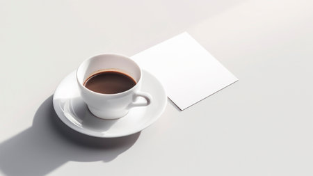 Cup of coffee with blank paper on white background.の素材
