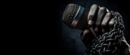 Close-up of a man's hand holding a microphone. Black background with copy space.の素材