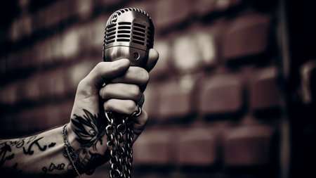 A tattooed male hand holding a microphone against a brick wall.の素材