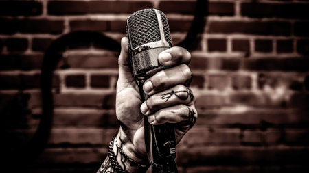 A tattooed male hand holding a microphone against a brick wall.の素材