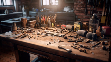 Closeup view of a woodworking workshop with tools and instruments.の素材