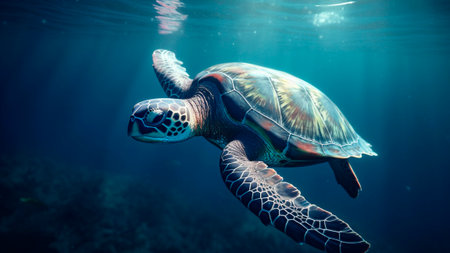 A sea turtle swimming in the clear blue ocean.の素材