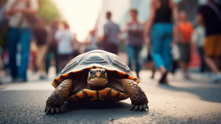 A turtle on the street with people walking in the background.の素材