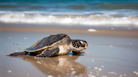 A sea turtle crawling on the sandy beach.の素材
