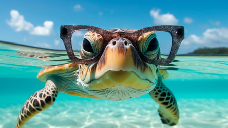 A sea turtle swimming in the ocean wearing glasses.の素材