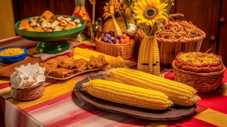 A Festa Junina table setup, showcasing a selection of typical treats such as corn on the cob. Brazilian food.の素材