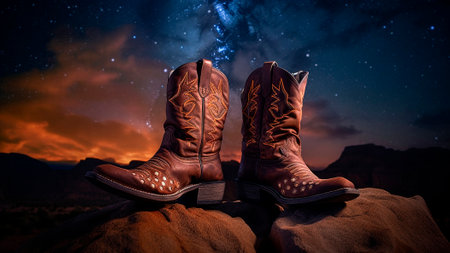 Cowboy boots on rocks with starry night sky in background.の素材