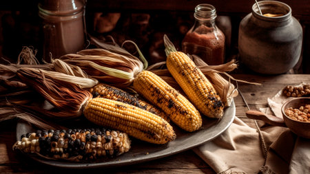 Roasted corn cobs on a table. Celebration of Festa Junina from Brazil. Brazilian food.の素材