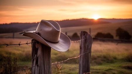 Cowboy's hat resting on a farm fence at sunset.の素材