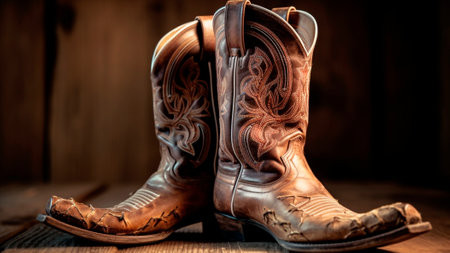 A pair of cowboy boots are on a wooden floor.の素材
