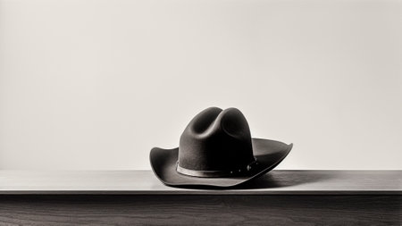 A cowboy hat on a wooden table with a white background.の素材