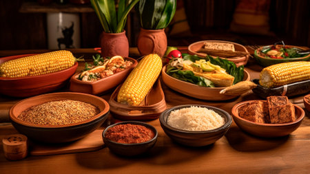 Traditional mexican food in clay bowls on wooden table. mexican cuisineの素材