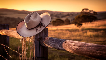 Cowboy's hat resting on a farm fence at sunset.の素材