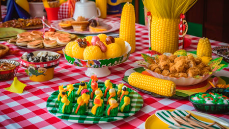 A Festa Junina table setup, showcasing a selection of typical treats such as corn on the cob. Brazilian food.の素材