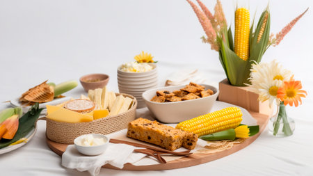 A Festa Junina food table setup, a selection of typical treats such as corn on the cob. minimalist.の素材