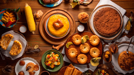 Top view of Brazilian food on the wooden table. Traditional food of Brazil. Celebration Festa Junina.の素材