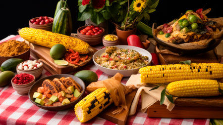 A Festa Junina table setup, showcasing a selection of typical treats such as corn on the cob. Brazilian food.の素材