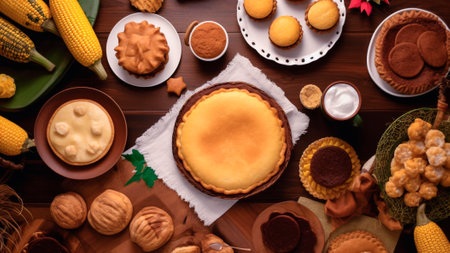 Top view of Brazilian food on the wooden table. Traditional food of Brazil. Celebration Festa Junina.の素材