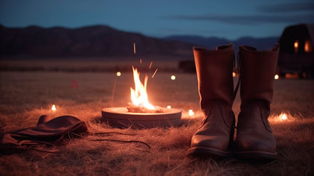 A pair of vintage cowboy boots with campfire in the middle of a rural field.の素材