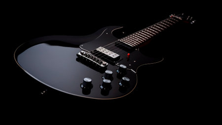 Black electric guitar on a black background. Close-up view.の素材