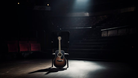 Acoustic guitar on a stage in a dark room with a spotlight. Music concept.の素材
