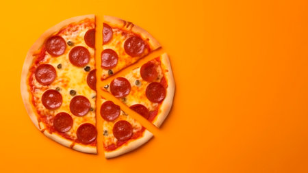 Pepperoni pizza on orange background. Top view with copy space.の素材