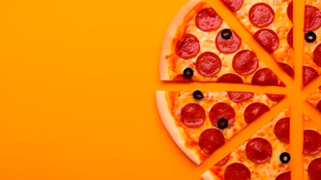 Pizza with pepperoni and olives on an orange background with copy space.の素材