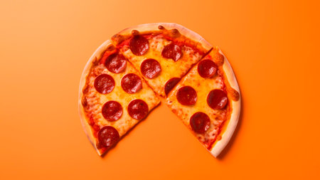 A pizza with a slice missing on orange background.の素材