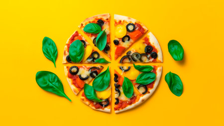 Pizza with mozzarella, olives and basil on yellow background.の素材