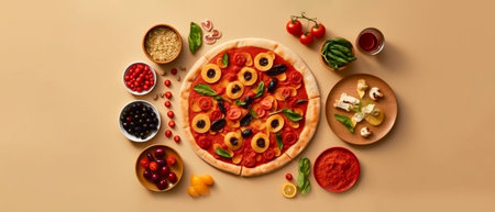 top view of delicious pizza with ingredients on yellow background, flat lay.の素材