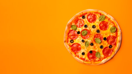 Pizza with pepperoni, olives and basil on orange background with copy space.の素材