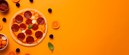 Top view of delicious pizza with salami and olives on orange background with copy space. flat lay.の素材