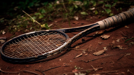 Old tennis racket on the ground in the forest.の素材