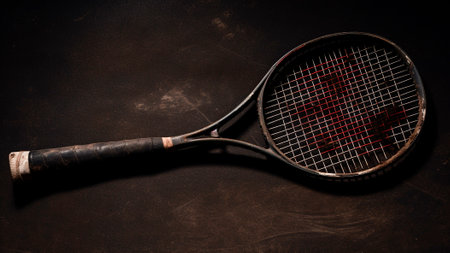 Old tennis racket with blood on a floor.の素材