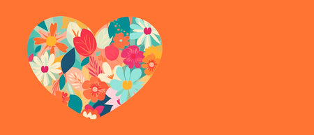 Illustration of floral heart on orange background with copy space for text.の素材