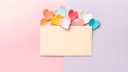 Colorful paper hearts and blank card on pink and purple pastel background. Valentine's day concept.の素材