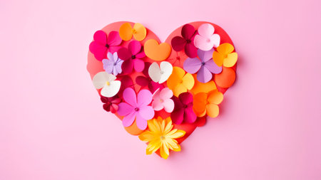Colorful paper flowers in the shape of a heart on a pink background with copy space for text.の素材