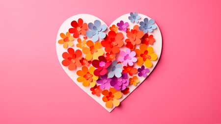 Colorful paper flowers in the shape of a heart on a pink rose background.の素材
