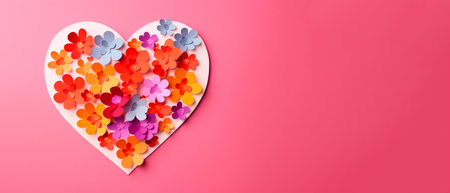 Colorful paper flowers in the shape of a heart on a pink rose background with copy space.の素材