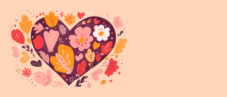 Valentine's day card with heart and flowers with copy space for text.の素材