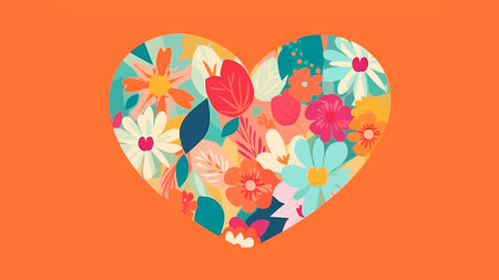 Illustration of floral heart on orange background.の素材