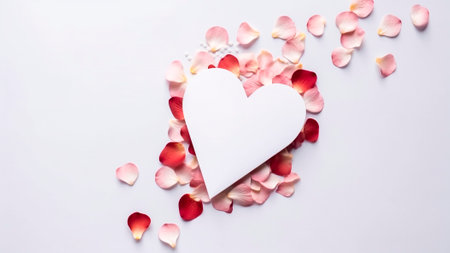 Heart and rose petals on white background. Valentines day background with copy space.の素材