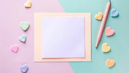 Valentine's day concept. Top view of blank paper sheet, pen and colorful hearts on pastel backgroundの素材