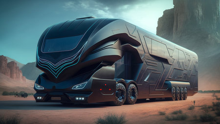 A brand-less futuristic motorhome in the desert.の素材