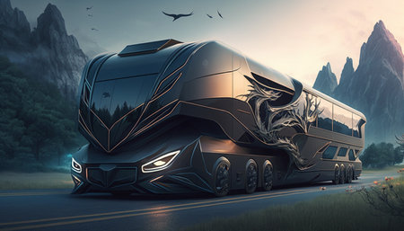 Futuristic motorhome on the road in the mountains.の素材